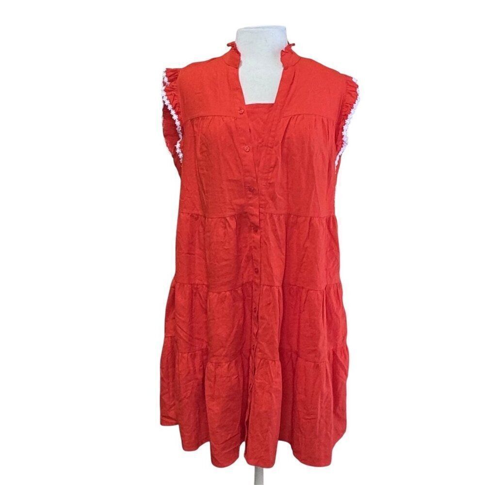 Able The Label Red Tiered Midi Dress Daisy Trim Sleeves